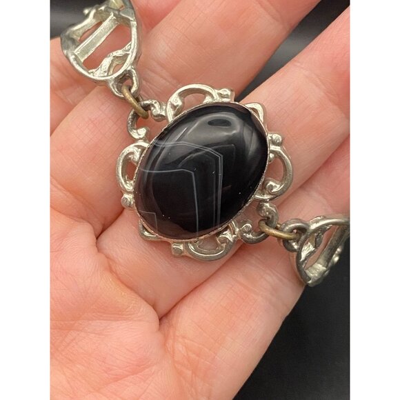 Vintage Black Onyx Cabochon Silver Plated Bracelet Signed Armuna Mexico Artisan - Picture 2 of 10